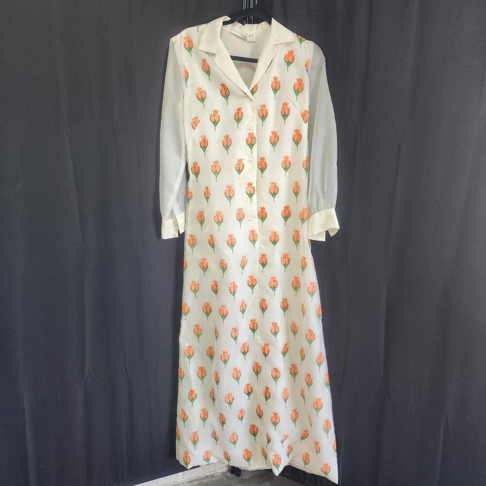 Vintage Alfred Shaheen Hawaiian Dress White Orange Rose Bud Print Sheer Sleeves